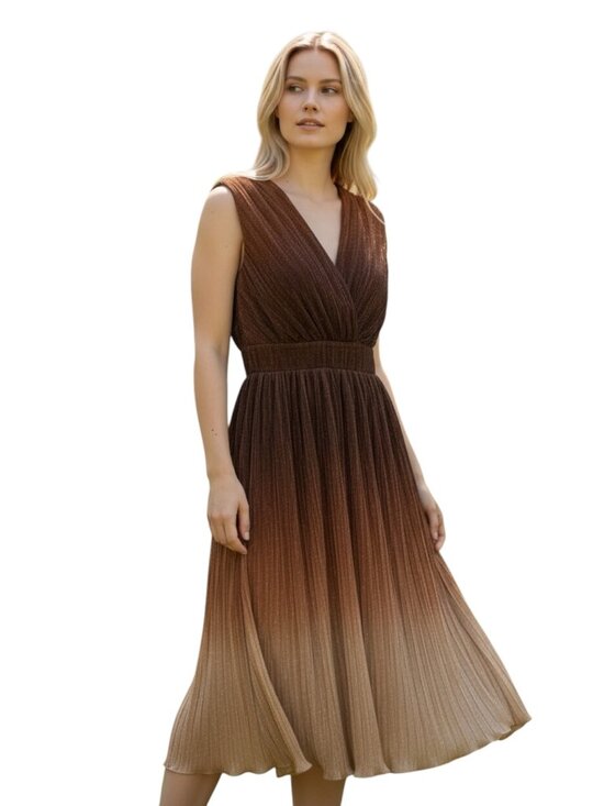Dress the Population Dresses & Skirts - Dress the Population Brown Gold Pleated Metallic Midi Dress L Sleeveless Party